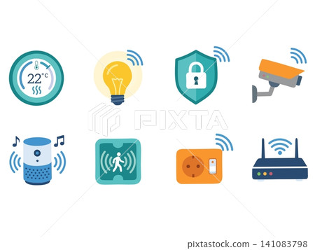 Smart home devices icon set including smart thermostat, smart light bulb, security shield, wireless CCTV camera, smart speaker, motion sensor, smart power socket, and WiFi router. Flat vector illustra Smart home devices icon set including smart thermostat, smart light bulb, security shield, wireless CCTV camera, smart speaker, motion sensor, smart power socket, and WiFi router. Flat vector illustra 141083798