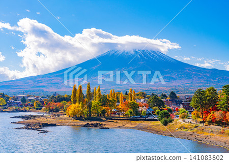 [Yamanashi Prefecture] Autumn leaves at Oike Park in Lake Kawaguchi and Mount Fuji 141083802
