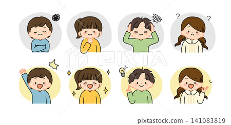 A set of illustrations depicting children's facial expressions (worried, troubled, inspired, happy). A set of illustrations depicting children's facial expressions (worried, troubled, inspired, happy). 141083819