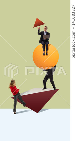 Team balancing abstract geometric platform through coordinated leadership and support 141083827