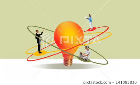 Diverse professionals orbiting giant light bulb in collaborative innovation ecosystem Diverse professionals orbiting giant light bulb in collaborative innovation ecosystem 141083830