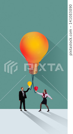 Business man and woman holding small light bulbs under giant glowing bulb. 141083890