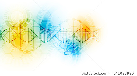 Abstract biotechnology background with DNA double helix molecule and hexagonal patterns on a white background. Abstract biotechnology background with DNA double helix molecule and hexagonal patterns on a white background. 141083989