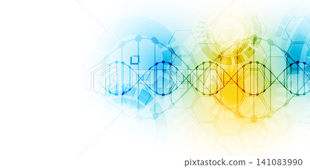 Abstract biotechnology background with DNA double helix molecule and hexagonal patterns on a white background. Abstract biotechnology background with DNA double helix molecule and hexagonal patterns on a white background. 141083990