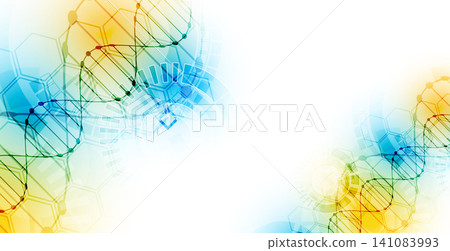 Abstract biotechnology background with DNA double helix molecule and hexagonal patterns on a white background. Abstract biotechnology background with DNA double helix molecule and hexagonal patterns on a white background. 141083993