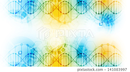 Abstract biotechnology background with DNA double helix molecule and hexagonal patterns on a white background. Abstract biotechnology background with DNA double helix molecule and hexagonal patterns on a white background. 141083997