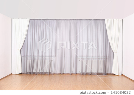 Windows with elegant curtains and blinds in empty room Windows with elegant curtains and blinds in empty room 141084022