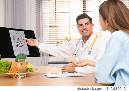 Nutritionist consulting patient at table in clinic Nutritionist consulting patient at table in clinic 141084042