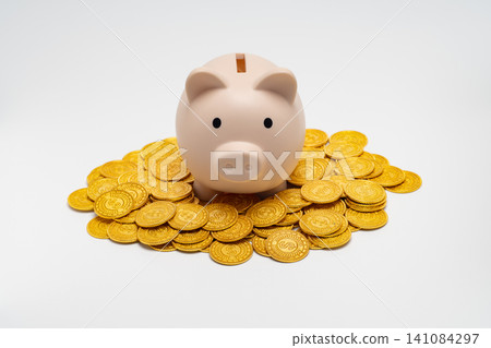 A representation of wealth creation and investment using gold coins and a piggy bank. A representation of wealth creation and investment using gold coins and a piggy bank. 141084297