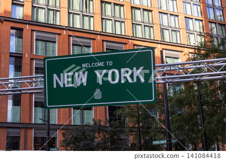 Welcome to New York green road sign in the city Welcome to New York green road sign in the city 141084418