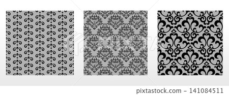Geometric floral set of seamless patterns. Gray and black vector backgrounds. Damask graphic ornaments Geometric floral set of seamless patterns. Gray and black vector backgrounds. Damask graphic ornaments 141084511