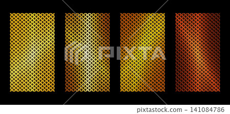 Perforated metal plate set with gold, diamond, and purple textures. Realistic steel mesh backgrounds featuring geometric patterns, holes, and metallic finishes for industrial design. Perforated metal plate set with gold, diamond, and purple textures. Realistic steel mesh backgrounds featuring geometric patterns, holes, and metallic finishes for industrial design. 141084786