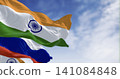 The flags of India and Russia waving in the wind on a clear day 141084848