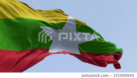 Close-up of Myanmar national flag fluttering in the wind Close-up of Myanmar national flag fluttering in the wind 141084849