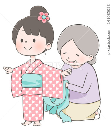一幅祖母給孫子穿浴衣的插圖。 一幅祖母給孫子穿浴衣的插圖。 141085038