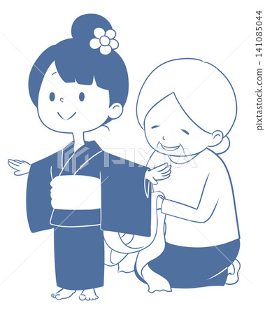 一幅祖母給孫子穿浴衣的插圖。 一幅祖母給孫子穿浴衣的插圖。 141085044