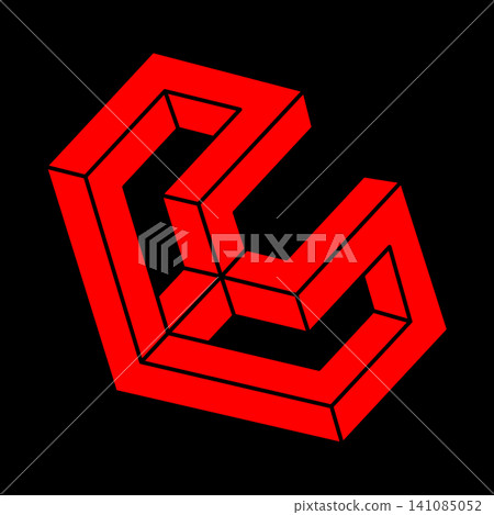 Impossible shapes. Sacred geometry. Optical illusion logo. Abstract eternal geometric objects. Optical art. Impossible geometry symbol on a black background. Line art. Escher style. 141085052
