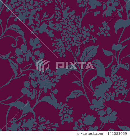 Modern monochrome vector seamless pattern. Contemporary floral silhouette background with lilacs and leaves in deep burgundy red and slate blue. Modern monochrome vector seamless pattern. Contemporary floral silhouette background with lilacs and leaves in deep burgundy red and slate blue. 141085069