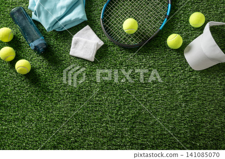 Sports equipment collection on artificial grass background with copy space Sports equipment collection on artificial grass background with copy space 141085070