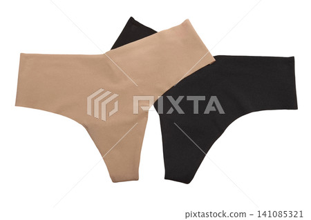 pair of black and beige women's panties on a white background. Elegant lace lingerie with a floral pattern and romantic design, perfect for fashion, beauty, and intimate settings pair of black and beige women's panties on a white background. Elegant lace lingerie with a floral pattern and romantic design, perfect for fashion, beauty, and intimate settings 141085321