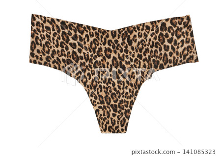 leopard print women's panties on white background. Elegant lace lingerie with a floral pattern and romantic design, perfect for fashion, beauty, and intimate settings leopard print women's panties on white background. Elegant lace lingerie with a floral pattern and romantic design, perfect for fashion, beauty, and intimate settings 141085323