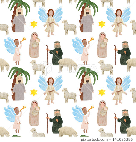 Baby Jesus with Mary, Joseph, shepherds, angels and sheep. Hand-painted watercolor seamless pattern on white. Perfect for Christmas cards, Sunday school, banners, textile and Christian decor. Holy Baby Jesus with Mary, Joseph, shepherds, angels and sheep. Hand-painted watercolor seamless pattern on white. Perfect for Christmas cards, Sunday school, banners, textile and Christian decor. Holy 141085396