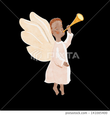 African angel blowing a golden trumpet with blue wings, symbolizing diversity and holiday joy. Perfect for Christmas cards, decor, inclusive projects. Watercolor illustration isolated on white. 141085400