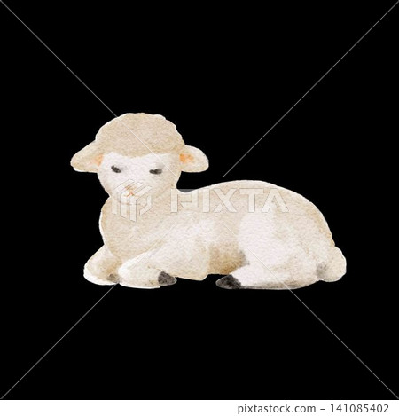 A gentle watercolor lamb symbolizing the Lamb of God and Christian Easter faith, for religious illustrations, Easter, church materials, biblical education, resurrection themes isolated on black. A gentle watercolor lamb symbolizing the Lamb of God and Christian Easter faith, for religious illustrations, Easter, church materials, biblical education, resurrection themes isolated on black. 141085402