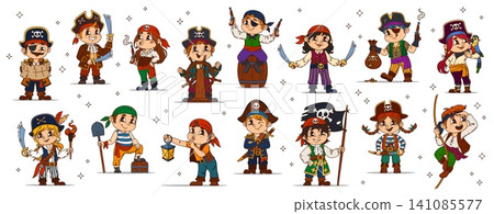 Funny cartoon kid pirate corsair characters, vector children dressed as captain, skipper sailor or boatswain and gunner in hats with skulls, striped pants, boots and jackets, holding sabres or pistols 141085577
