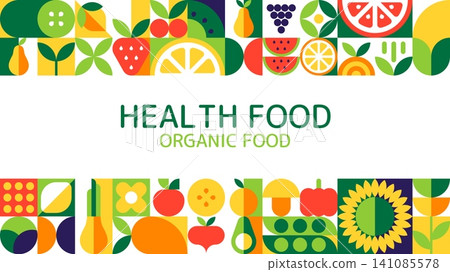Organic food fruits and vegetables banner with geometric pattern. Mosaic horizontal banner features with block fruits, vegetables and berries. Green, orange, yellow pattern vegan poster Organic food fruits and vegetables banner with geometric pattern. Mosaic horizontal banner features with block fruits, vegetables and berries. Green, orange, yellow pattern vegan poster 141085578
