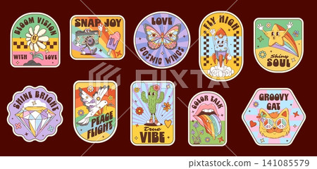Hippie funky groovy label stickers, trippy retro patches. Vector slogans bloom vision, snap joy, love cosmic wings. Fly high, shiny soul, shine bright, peace flight. True vibe, color talk, groovy cat 141085579