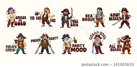 Cartoon y2k groovy pirate corsair stickers. Patches with ship crew and captain characters with party mood and ocean soul saying Chase the gold, Yo ho ho, Full sail, Sea rogue, Ahoy Matey, All on board Cartoon y2k groovy pirate corsair stickers. Patches with ship crew and captain characters with party mood and ocean soul saying Chase the gold, Yo ho ho, Full sail, Sea rogue, Ahoy Matey, All on board 141085610