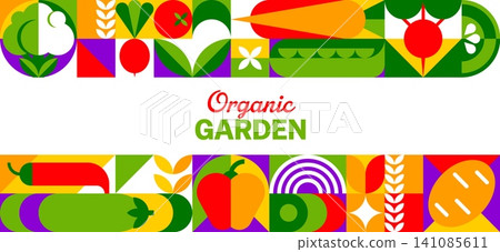 Organic farm vegetables banner with mosaic geometric veggies pattern. Vibrant flat garden banner template with bell peppers, carrots and broccoli for eco friendly grocery and vegan food markets Organic farm vegetables banner with mosaic geometric veggies pattern. Vibrant flat garden banner template with bell peppers, carrots and broccoli for eco friendly grocery and vegan food markets 141085611