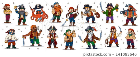 Cartoon pirate characters from old captain, gunner, tough fighters, Turkish corsair and octopus with sabre. Vector set of groovy ship crew and playful treasure hunters with weapons and accessories Cartoon pirate characters from old captain, gunner, tough fighters, Turkish corsair and octopus with sabre. Vector set of groovy ship crew and playful treasure hunters with weapons and accessories 141085646