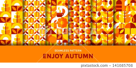 Autumn fall leaves and harvest geometric Bauhaus seamless patterns set. Thanksgiving season Bauhaus background, Autumn seamless print or pattern with yellow flowers and leaves, vegetables and fruits Autumn fall leaves and harvest geometric Bauhaus seamless patterns set. Thanksgiving season Bauhaus background, Autumn seamless print or pattern with yellow flowers and leaves, vegetables and fruits 141085708