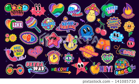Funky groovy y2k stickers, funny patch labels with vector retro shapes and cartoon smile face emojis. Cool flower, hippie rainbow heart, sunglasses, cloud and star characters, WOW and OMG stickers set Funky groovy y2k stickers, funny patch labels with vector retro shapes and cartoon smile face emojis. Cool flower, hippie rainbow heart, sunglasses, cloud and star characters, WOW and OMG stickers set 141085710