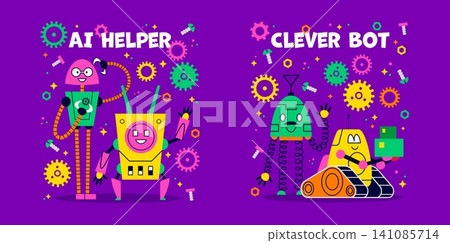 Funny kids t shirt prints ai helper and clever bot with funny robots, surrounded by gears, bolts and springs. Stickers for kids apparel, tshirt emblems with fun technology cyborg machine characters 141085714