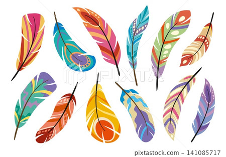 Feather of Native American and indigenous ethnic Boho or Bohemian, tribal bird quill accessory. Cartoon Boho feathers with Indian ornament pattern decoration or plumage with hippie bright colors Feather of Native American and indigenous ethnic Boho or Bohemian, tribal bird quill accessory. Cartoon Boho feathers with Indian ornament pattern decoration or plumage with hippie bright colors 141085717