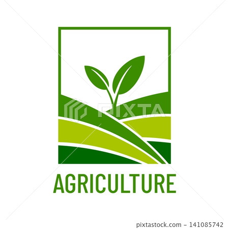 Agriculture farm green icon, farmland plant on the rural farming field. Agricultural and environmental emblem with seedling sprout above rolling layered farmland fields. Symbol of eco farming growth Agriculture farm green icon, farmland plant on the rural farming field. Agricultural and environmental emblem with seedling sprout above rolling layered farmland fields. Symbol of eco farming growth 141085742