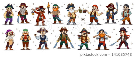 Funny groovy pirate and corsair characters wearing costumes with vector captain hats, treasure map and swords, rum bottle, sailor bandana and hook. Cartoon retro groovy pirate ship crew characters set Funny groovy pirate and corsair characters wearing costumes with vector captain hats, treasure map and swords, rum bottle, sailor bandana and hook. Cartoon retro groovy pirate ship crew characters set 141085748