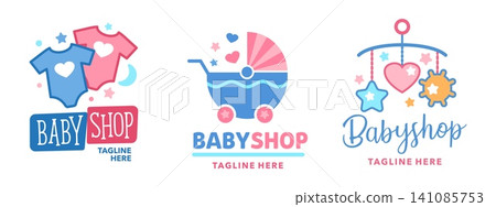 Baby shop icons of kids clothes store for children care with cradle cot and toys. Baby shop symbols with stroller for newborn toddler, girl pink hearts or boy blue clothes for mother and child brand Baby shop icons of kids clothes store for children care with cradle cot and toys. Baby shop symbols with stroller for newborn toddler, girl pink hearts or boy blue clothes for mother and child brand 141085753