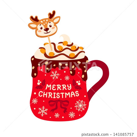 Christmas hot chocolate mug with white snowflakes. Vibrant eggnog cup filled with cocoa, whipped cream, chocolate syrup and gingerbread reindeer cookie. Cartoon winter beverage icon for greeting cards Christmas hot chocolate mug with white snowflakes. Vibrant eggnog cup filled with cocoa, whipped cream, chocolate syrup and gingerbread reindeer cookie. Cartoon winter beverage icon for greeting cards 141085757