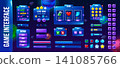 Space video game ui interface with galaxy inventory menu buttons, universe indicators and rewards, level window, loading scale. Cartoon gui elements kit, user dashboard with main menu and options 141085766