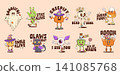 Halloween y2k groovy stickers set. Cartoon vector cute and spooky characters like ghost, pumpkins, black cat, eyeball, smile and candy corn, retro y2k personages for festive playful seasonal patches 141085768