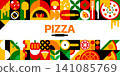 Italian pizza poster with geometric fast food pattern. Mosaic pattern featuring pizza slices, mushrooms, tomatoes, olives and rolling pin. Vibrant red, yellow, green poster for pizzeria branding 141085769
