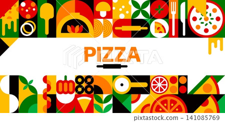 Italian pizza poster with geometric fast food pattern. Mosaic pattern featuring pizza slices, mushrooms, tomatoes, olives and rolling pin. Vibrant red, yellow, green poster for pizzeria branding 141085769