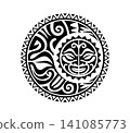 Maori sun face medallion ethnic graphic black tattoo or decor. Samoan tribal abstract decoration, Polynesian ethnic black tattoo. Maori tribe graphic symbol 141085773