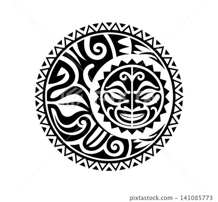 Maori sun face medallion ethnic graphic black tattoo or decor. Samoan tribal abstract decoration, Polynesian ethnic black tattoo. Maori tribe graphic symbol Maori sun face medallion ethnic graphic black tattoo or decor. Samoan tribal abstract decoration, Polynesian ethnic black tattoo. Maori tribe graphic symbol 141085773