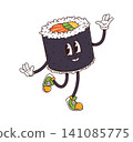 Groovy sushi roll cartoon character or Japanese maki with rice and salmon fish. Funny groovy maki with funky smile on happy face dancing in good vibes for Japanese sushi food comic character 141085775