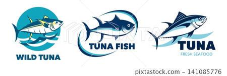 Tuna fish icons for seafood package badges with yellowfin or bluefin tuna jumping on water waves. Tuna icons for fishery market or seafood store and sea food product package, sushi bar cuisine Tuna fish icons for seafood package badges with yellowfin or bluefin tuna jumping on water waves. Tuna icons for fishery market or seafood store and sea food product package, sushi bar cuisine 141085776